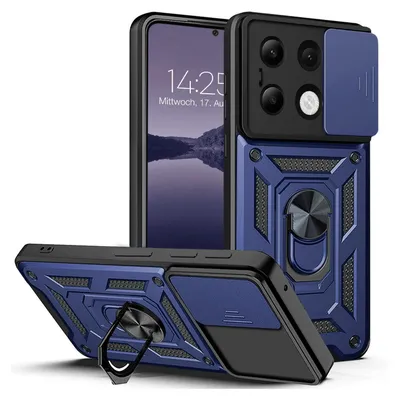 A blue and black phone case with a ring stand and camera cover is displayed from multiple angles.