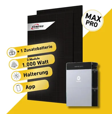 Produktbild von Balkonstrom Balkonkraftwerk 1000W mit Speicher | 1xZusatzspeicher | Garten/Flachdachhalterung | 2xSolarmodul  |  Hoymiles HiBattery 4020X | Kabel 10m