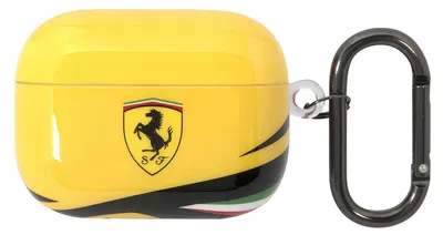 A yellow Ferrari branded AirPods case with a black carabiner attached.