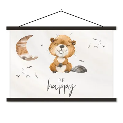 Produktbild von MuchoWow® Textilposter Zitate - Glücklich sein - Kinder - Mond - Biber - Aquarell 150x100 cm mit schwarzem Rahmen - Schlafzimmer