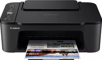 A black Canon PIXMA TS3550i 3-in-1 WLAN color multifunction system printer is shown from the front, with a printed document partially emerging from the paper output tray.