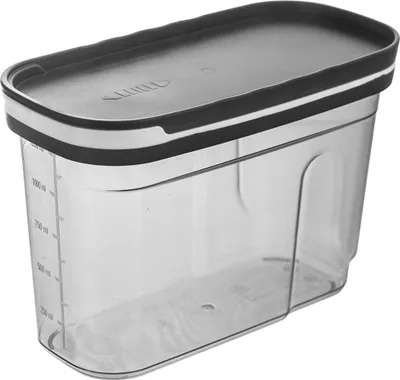 A clear studio shot of a transparent food storage container with a gray lid.