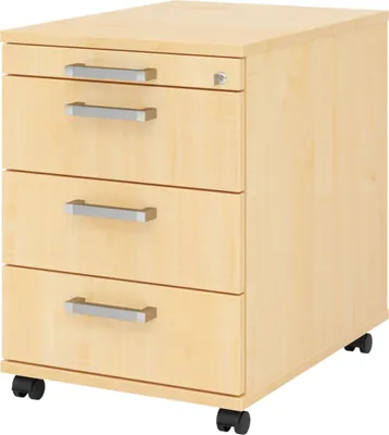 Produktbild von bümö office Rollcontainer - 3 Materialschubladen - Nachbildung Ahorn, Griff: Chromgriff (Metall)