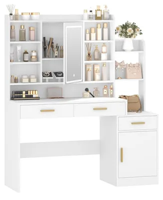 Image de Table de maquillage avec miroir et éclairage LED, 3 tiroirs, 1 armoire, étagères ouvertes, blanche, 40 x 130 x 149 cm