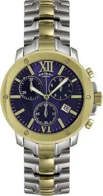 Produktbild von Rotary Herrenuhr Quarz Chrono Edelstahl bicolor blaues Zifferblatt römisch GB02838/05