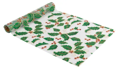 Produktbild von Tischläufer Organza mit Pailletten Stechpalme Weihnachten 28cm x 3m weiß -