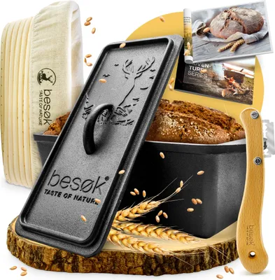 Produktbild von besok Brotbackform mit Deckel, Gärkorb & Teigmesser - Gusseisen Backform Brot backen Zubehör | Kastenform Brot, Toastbrot Backform, Kasten Brotform