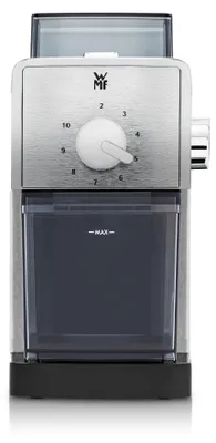 Imagen del producto de Molino de café WMF Stelio. Capacidad: 180 g. Potencia: 110 vatios. Material: Cromargan. Número de artículo: 329978. Código de barras: 4211129128032