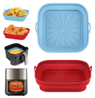 Produktbild von Alyvisun Silikonform für Heißluftfritteuse, 2 Stück Airfryer Silikon Backform Wiederverwendbar Silikoneinsatz Quadratisch Silikonmatte Pot Liner für Air Fryer, Mikrowelle, Ofen(Rot+Himmelblau)