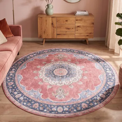 Produktbild von Volero - Teppich Vintage Rund - Lily Medaillon Rot Rosa - Ø 160 cm - Wohnzimmer, Esszimmer, Schlafzimmer - Klassik