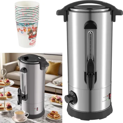 Produktbild von Ikodm Glühweinkocher 10L 1500W Silber Heißgetränkespender mit Zapfhahn & 10 Bechern