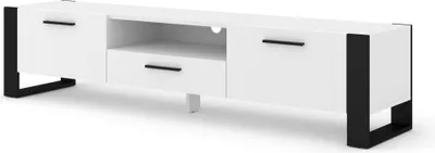 A white TV stand with black accents and legs, shown against a white background.