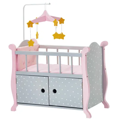 Produktbild von Teamson Kids Puppenwiege in Grau/Rosa mit gepolstertem Mobile, Stauraum und Bettzeug – robustes Holzspielzeug für Puppen bis 46 cm