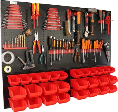 Produktbild von botle® Werkzeugwand Lochwand aus Metall, Stapelboxen + Wandregal + Werkzeughalter 55-tlg Set, Kleinteilelager,  Wandwerkstatt mit 28 stapelbaren Rot Behältern, Hängeregal Sortierregal