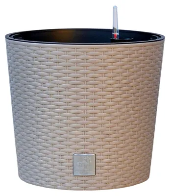 Produktbild von Runder Blumentopf mit Innentopf – Pflanzkübel aus Kunststoff in Rattan-Optik, für Innen- und Außenbereich, Übertopf in verschiedenen Größen und Farben erhältlich, (Äußerer ∅ Oben 30 cm, Beige)