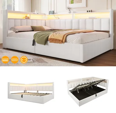 Productafbeelding van Dagbed van 140 x 200 cm met hydraulische opbergruimte, RGB-LED-verlichting, USB-A- en USB-C-poorten, aan beide zijden monteerbare planken, fluweel, crèmekleurig