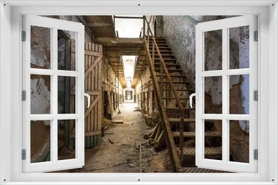 Produktbild von Wallario Outdoor-Poster für Garten oder Balkon 61 x 91,50 cm: Leuchtender Gang in altem verlassenen Gefängnis