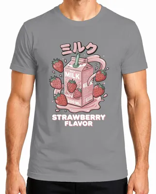 Obrázok produktu pre Tričko s potlačou "Japonské mlieko s príchuťou jahody", štýl "kawaii", s odkazmi na Japonsko, éru Y2K a manga, sivá farba, veľkosť XXL