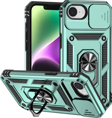 Image de Étui pour iPhone 16e/iPhone 17e étui double couche avec cache coulissant pour caméra et support annulaire vert