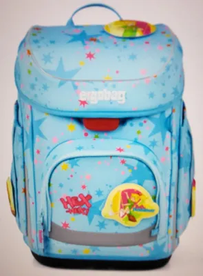 A light blue children's backpack with a star pattern and cartoon characters.