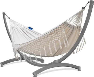 Produktbild von Potenza Outdoor Hängematte mit Tytan Gestell für 2 Personen I Baumwolle Doppelhängematte XXL 220x160, 200kg I Grau Hängemattengestell 350 kg, wetterfest