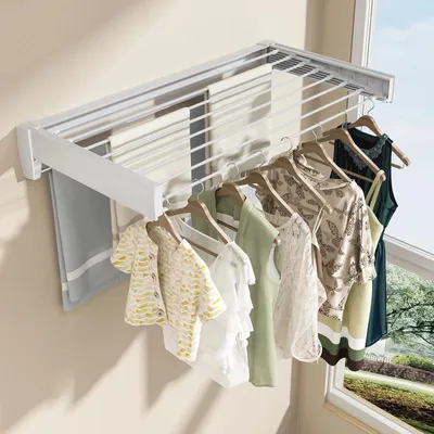 Obrázek produktu pro Nástěnná sušák na prádlo - 100 cm - Výsuvný - Skládací - Hliník - Nosnost až 27 kg - Vhodný pro balkon, koupelnu a ložnici