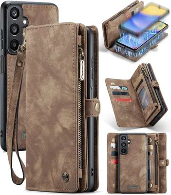 Collage of a brown leather wallet-style phone case for a Samsung Galaxy A15 5G/4G, showing different angles and features.