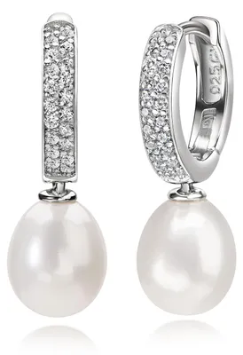 Produktbild von MATERIA by Matthias Wagner Perlen Creolen Silber 925 Damen Zirkonia Ohrringe hängend 13mm SO-458