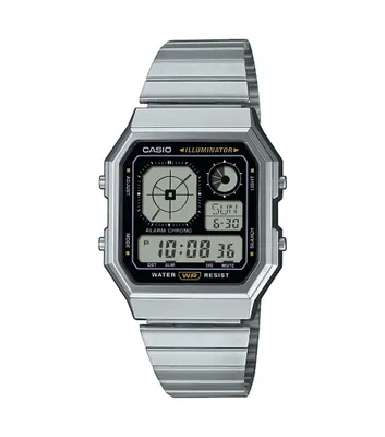 A silver Casio digital watch with a black face, displayed against a white background.