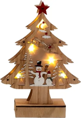 Ein hölzerner Weihnachtsbaum mit integrierten LED-Lichtern. Der Baum ist aus hellem Holz gefertigt.