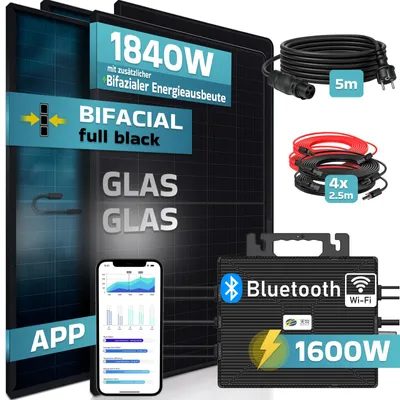 Produktbild von SUNNIVA® 1840W Balkonkraftwerk BIFAZIAL FULLBLACK komplett Steckdose ASTRO-E 1600W Wechselrichter, PV Solaranlage, 5m Kabel, Bluetooth WIFI