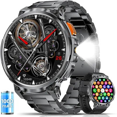 Smartwatch Herren Militär mit 1000mAh Akku/LED-Licht,1,85” mit Telefonfunktion,Fitnessuhr mit 5ATM Wasserdicht/130+Sportmodi/Herz-/Schlaf/2 Armbändern