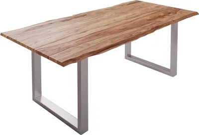 Produktbild von Baumkantentisch 180x90cm Mailand, Sheesham-Holz naturbelassen, Esstisch mit echter Baumkante, massiver Esszimmertisch mit U-Gestell Silber, Tischplatte 26mm
