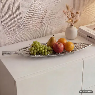 Produktbild von FineBuy Obstschale Silber Blatt Schale Metall 63cm Tischdeko Moderner Obstkorb Leaf aus Aluminium Elegante Dekoschale Alu Früchteschale Handmade, KI-generiertes Bild
