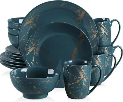 Image de Service en porcelaine 16 pièces vert foncé et or