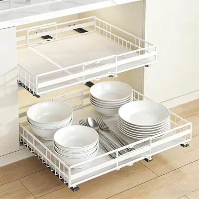 Produktbild von 2x Teleskopschublade Korbauszug Küchenschrank Organizer Ausziehbare für Küche Verstellbare Breite 31-49cm+32-51cm Weiß