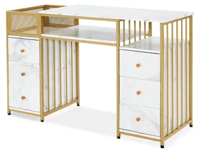 Produktbild von Schreibtisch mit 6 Schubladen und Ablagen, Manikürtisch, Schminktisch ohne Spiegel, Computertisch, 46x125x81cm, Weiß-Gold
