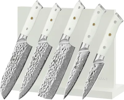 Produktbild von Wakoli Perle Blanche Küchenmesser-Set (5 Messer) mit Messerblock I 67 Lagen Damast mit VG10-Stahlkern | Premium Messerset