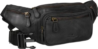 A black leather fanny pack is shown against a white background.