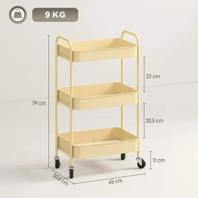 Image de Chariot de service sur roulettes - Chariot de cuisine à 3 niveaux - 3 paniers - Structure en métal - 2 poignées - 45 x 30,6 x 79 cm - Jaune
