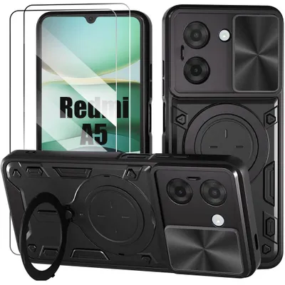 Image de Coque + 2 Verres Trempés pour Xiaomi Redmi A5, Protection avec Cache Caméra et Anneau - Noir