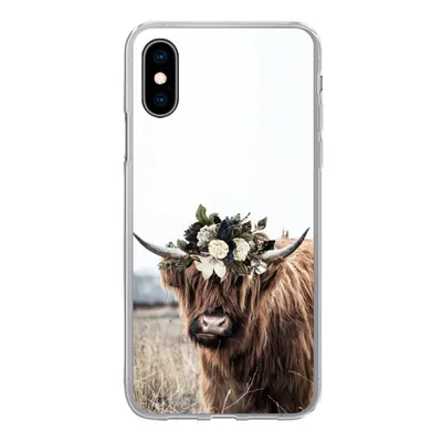 Produktbild von MuchoWow® Handyhülle Schutzhülle Hülle für iPhone X Schottischer Highlander - Blumen - Tiere Silikon Softcase Handy Hülle - Handyhülle
