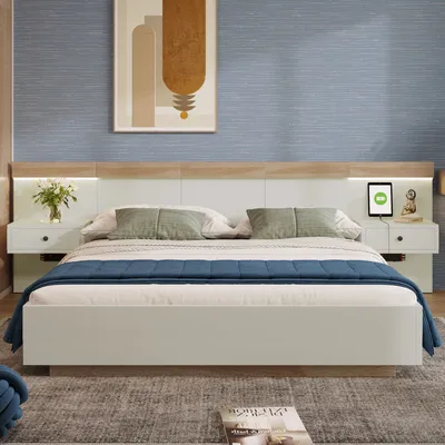 Produktbild von Flieks Massivholzbett 180x200cm Doppelbett mit USB und Type-C, Stauraumbett mit 2 Nachttische und LED, Jugendbett Schlafzimmerset, Naturbelassen