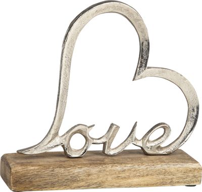 XL Dekoelement in „Herzform“ mit silberner Schrift „Love“ | 20 x 19 x 5cm | aus Holz und Aluminium