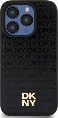 A black iPhone case with a repeating DKNY monogram pattern and a gold DKNY logo at the bottom.