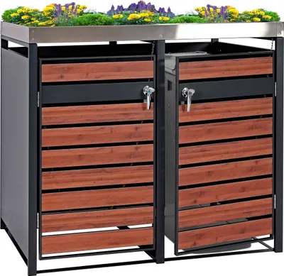 Produktbild von 2er Mülltonnenverkleidung mit Pflanzkasten MCW-J81, erweiterbar, 125x132x80cm Metall 47kg, anthrazit  Kirsche-Holzoptik