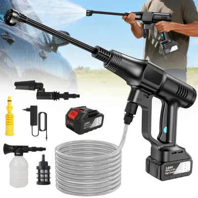 Obrázok produktu pre Prenosný vysokotlakový čistič – Elektrická striekacia pištoľ – Motor bez uhlíkových kefiek – Tryska 6 v 1 – 3 režimy čistenia – 1 batéria