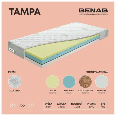 Obrázek produktu pro Matrace z viskózní pěny Benab Tampa Matrace 85 x 195 cm H3 / H4 tvrdost 18 cm výška Matrace z viskózní pěny, Aloe Vera, Visco, Kokos, PUR, Profilace, Partnerský matrac