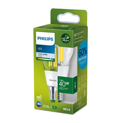Obrázek produktu pro Philips Čirá žárovka typu svíce s tradičním vzhledem 40 W, P45 E14, 2,3 W, 40 W, E14, 485 lm, 50000 h, Chladná bílá