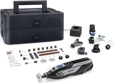Produktbild von Dremel 8250 Multifunktionswerkzeug Akku 12V, 65 Zubehörteile, 5 Vorsätze, 1 Batterie 2Ah, 5.000-30.000 U/min